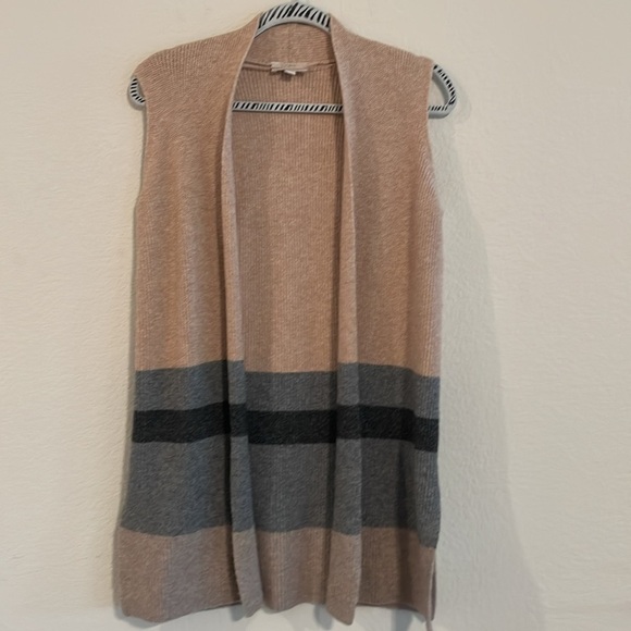 LOFT Women Vest XS Longline Open Front Sweater Tan & Grey Colorblock Preppy - Picture 1 of 10